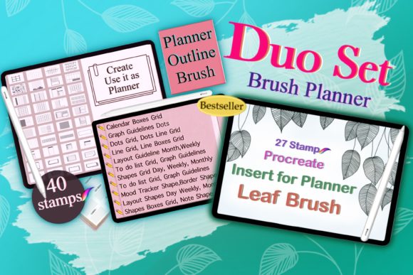 Procreate Planner DesignLeaf Brush Stamp and Item Overview