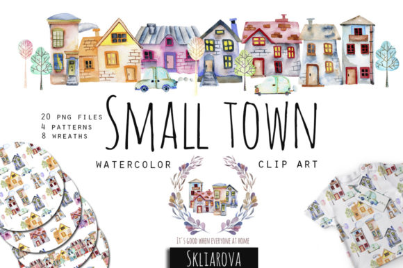 Small Town. Watercolor Clipart.